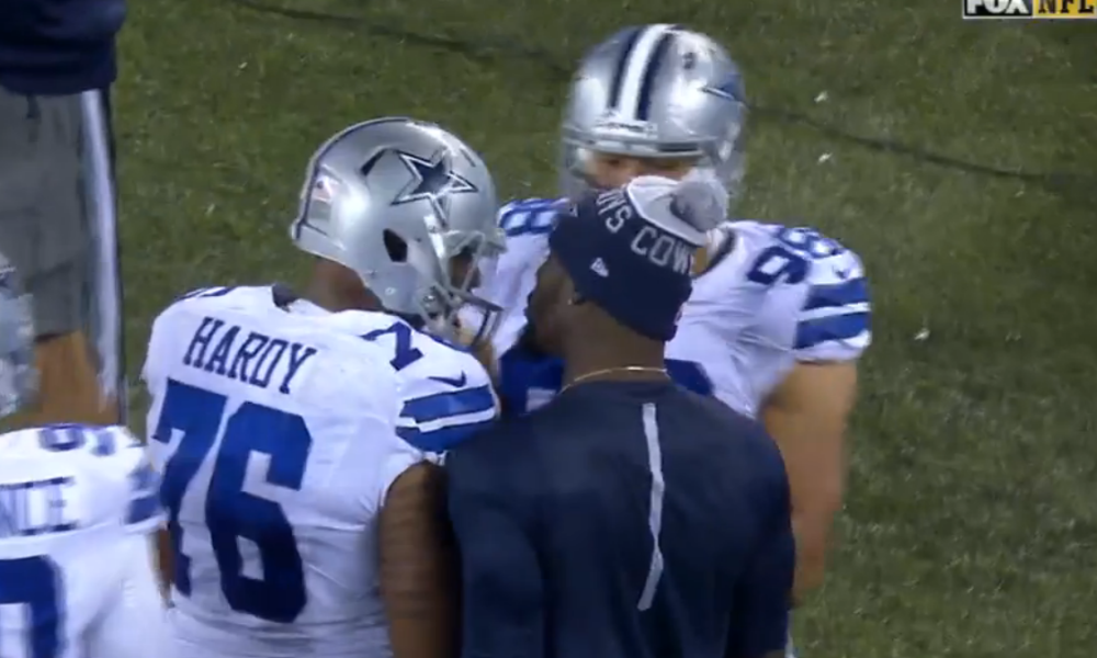 Screen shot, Greg Hardy and Dez Bryant hashing it out Sunday on the sideline