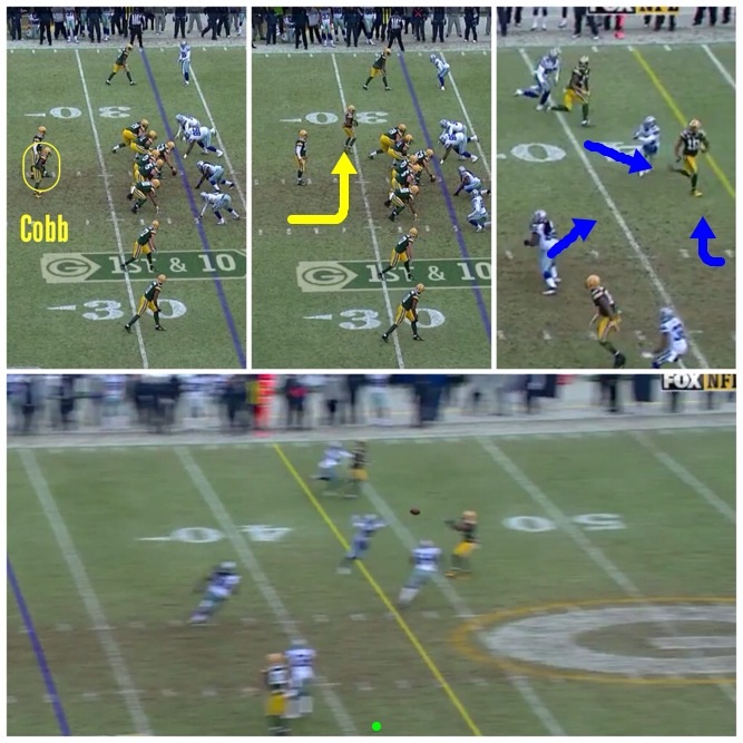Aaron Rodgers throws a laser to Randall Cobb into a tiny window on this 3Q drive Sunday against Dallas.