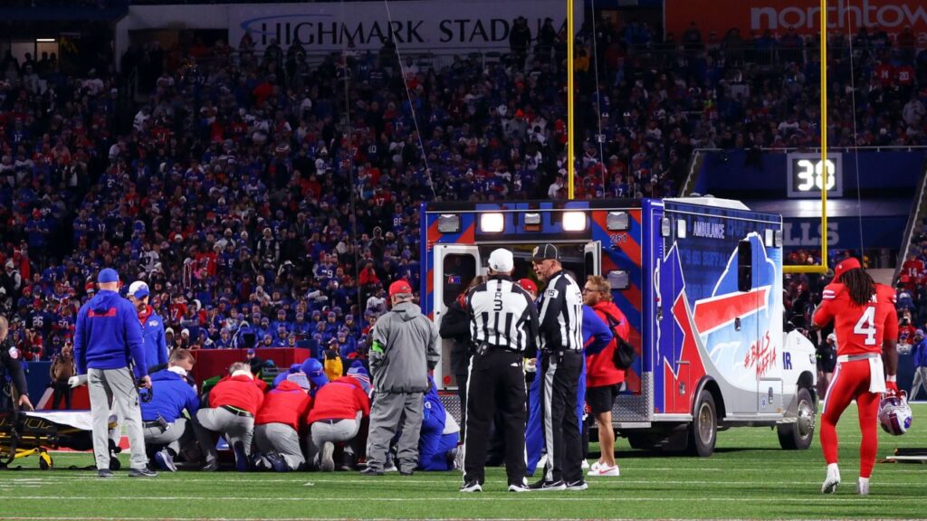 An Ambulance Waits As Medical Staff Attend To Buffalo Bills Running Back Damien Harris During An NFL Football Game Against The New York Giants In Orchard Park, N.Y., On Sunday