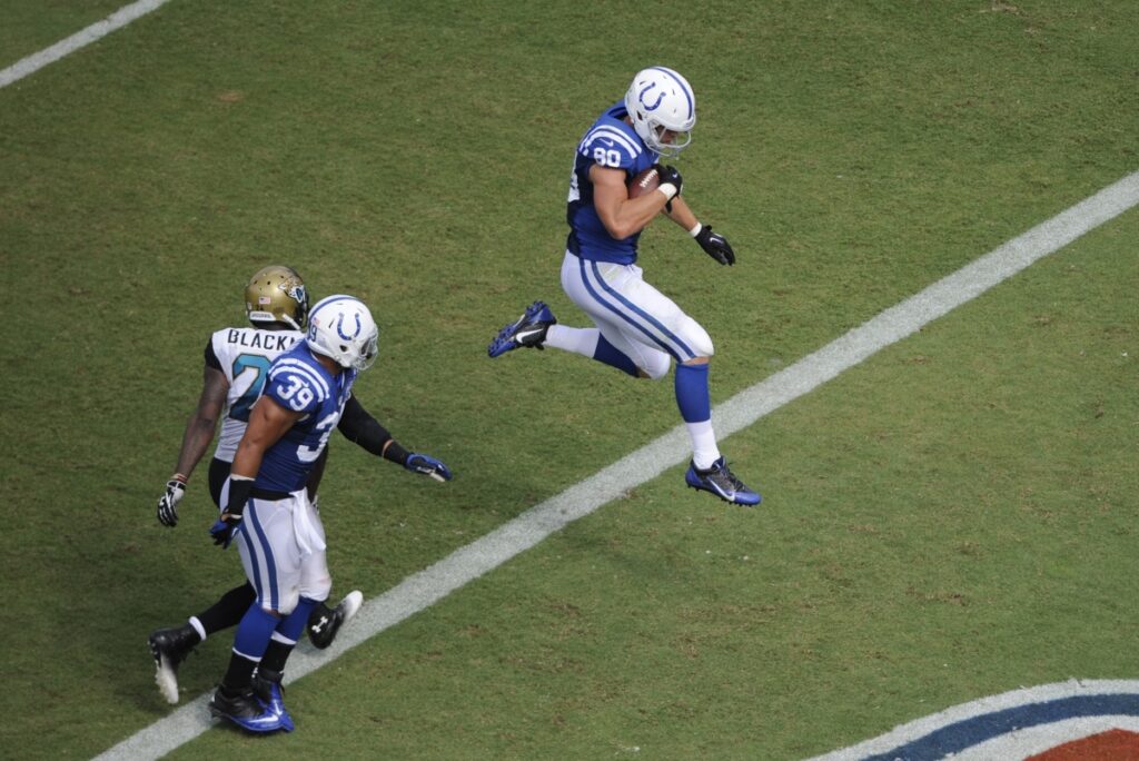 Colts TE Coby Fleener prances into the endzone.