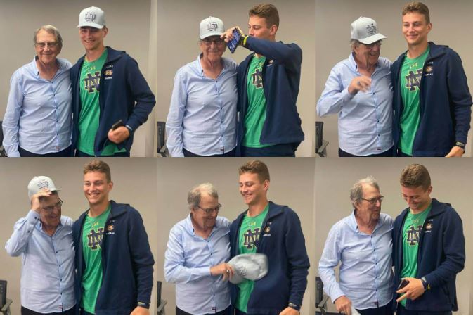 Football Legacy: Lloyd Carr shares a proud moment with grandson CJ, who committed to Notre Dame on June 9, 2022, in their hometown of Saline, Michigan