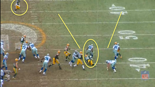 Julius Peppers (56) strips DeMarco Murray (29). If Murray doesn't fumble, Murray has the safety 1-on-1 & a likely TD