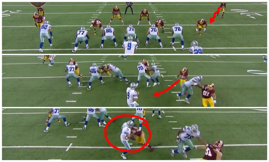 Not recognizing the safety and utilizing one of his available options results in a fumble that Dallas was fortunate to recover.