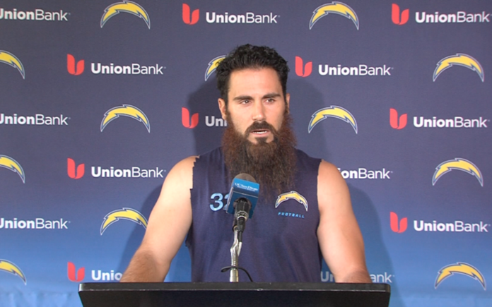 Photo credit: chargers.com. Chargers Pro Bowl safety Eric Weddle addresses the media