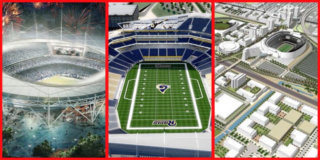 Recent artist stadium renderings for (L-R) San Diego, St. Louis, and Oakland