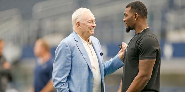 Via nfl.com. Cowboys owner Jerry Jones and wide receiver Dez Bryant chat during mini-camp
