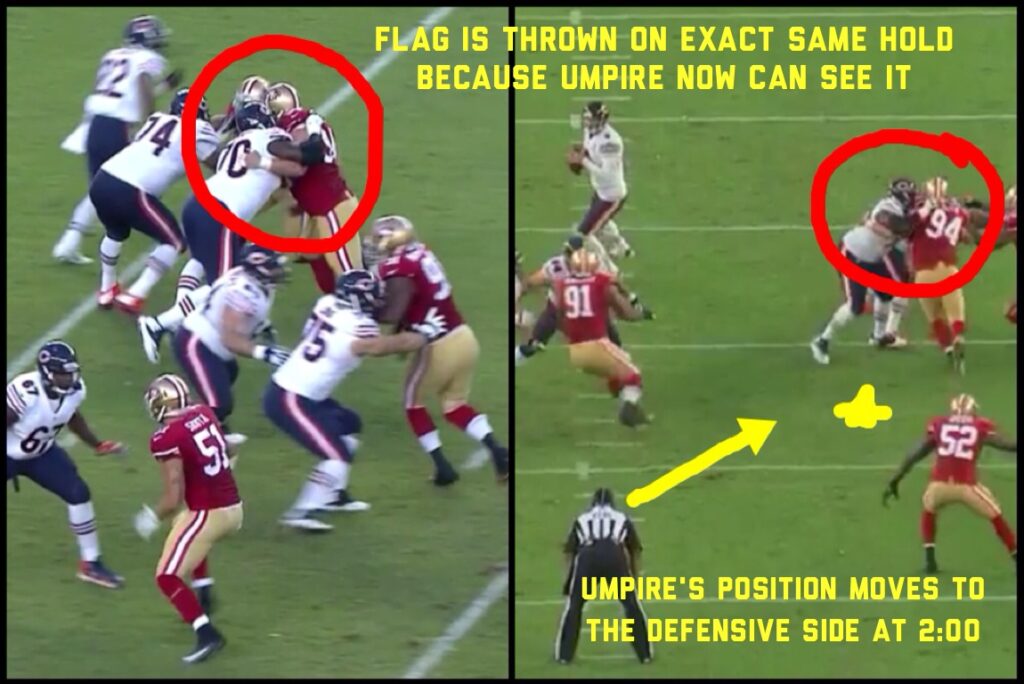 Example #3: Defensive holding called on San Francisco's Justin Smith.