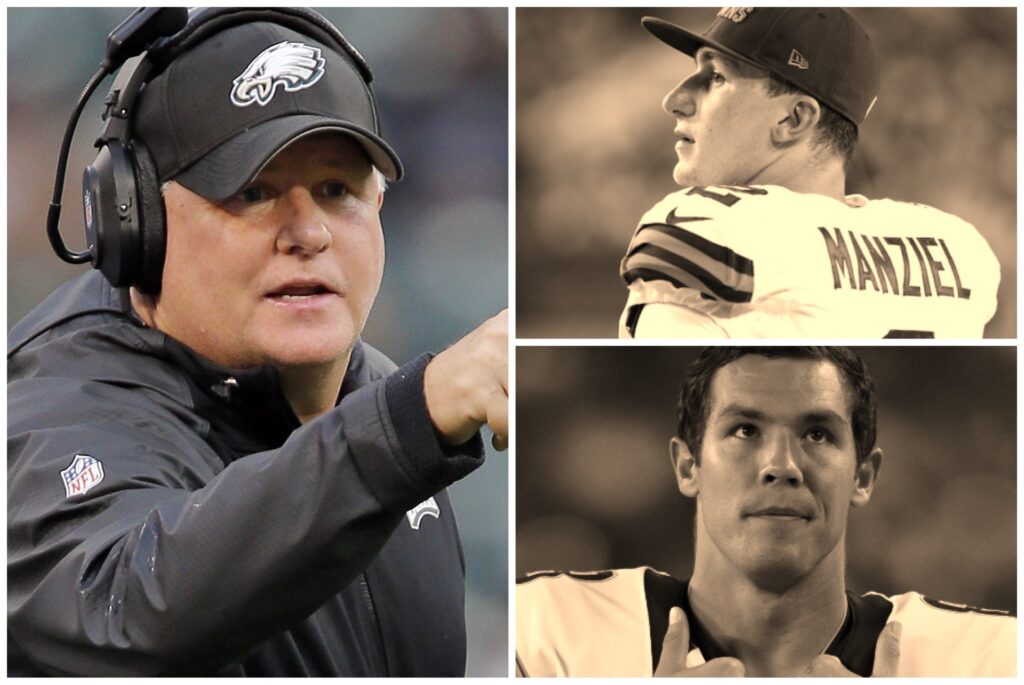 Is Chip Kelly (L) contemplating a Bradford (bottom right) for Manziel (top right) swap?