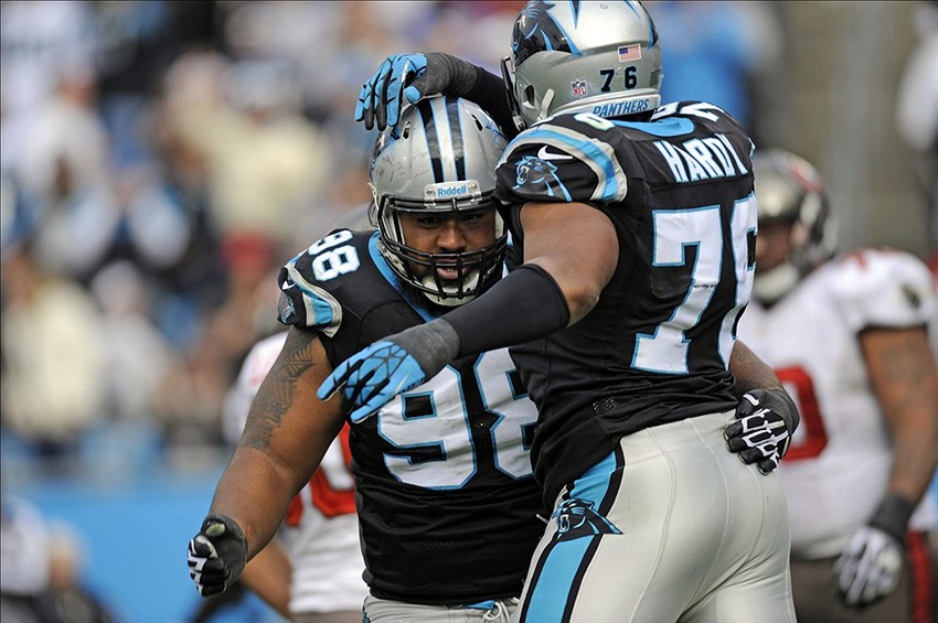 USA Today Sports, Panthers defensive tackle Star Lotulelei (L) celebrates with Greg Hardy after a defensive stop.