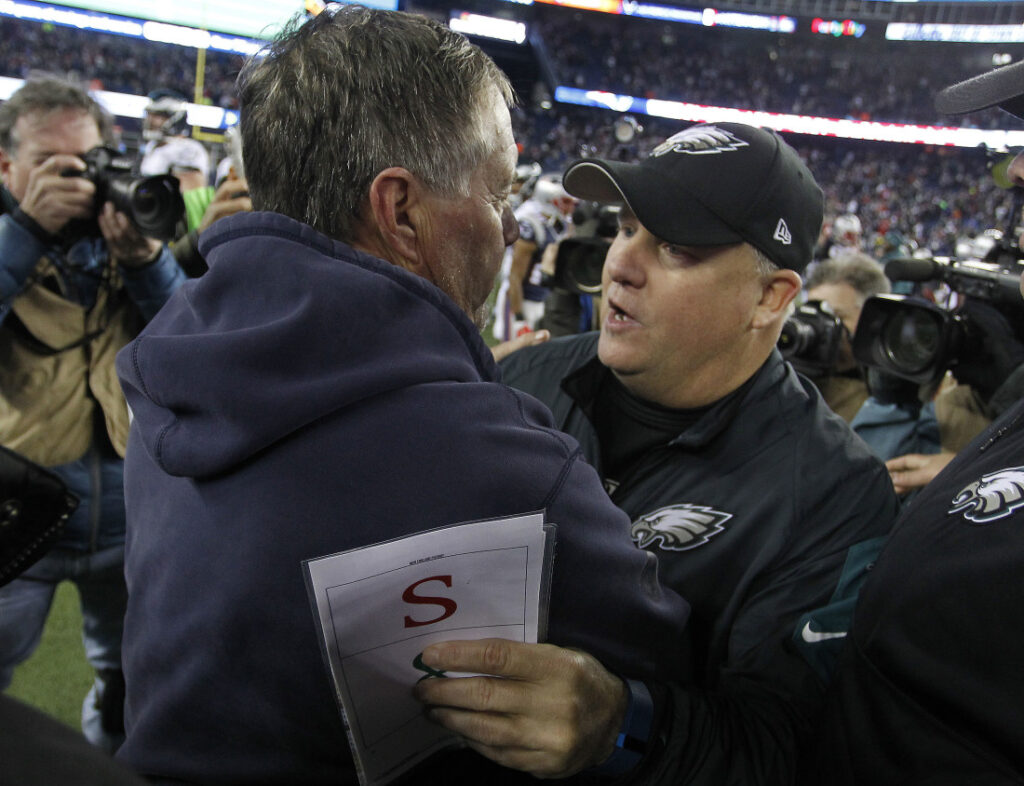 USATSI, Bill Belichick and Chip Kelly greet after the Eagles stunning victory over the Patriots