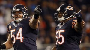 USA Today Sports Images. Chicago Bears LBs Brian Urlacher, Lance Briggs point after a presnap offensive clue